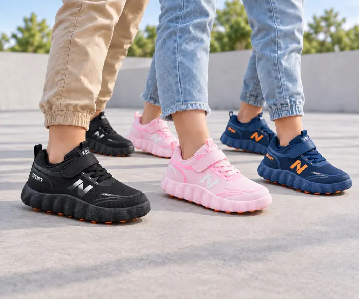 Black, pink and navy NeoKids sneakers worn outdoors