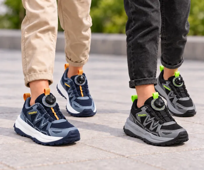 Navy-and-orange and gray-and-lime premium NeoKids sneakers